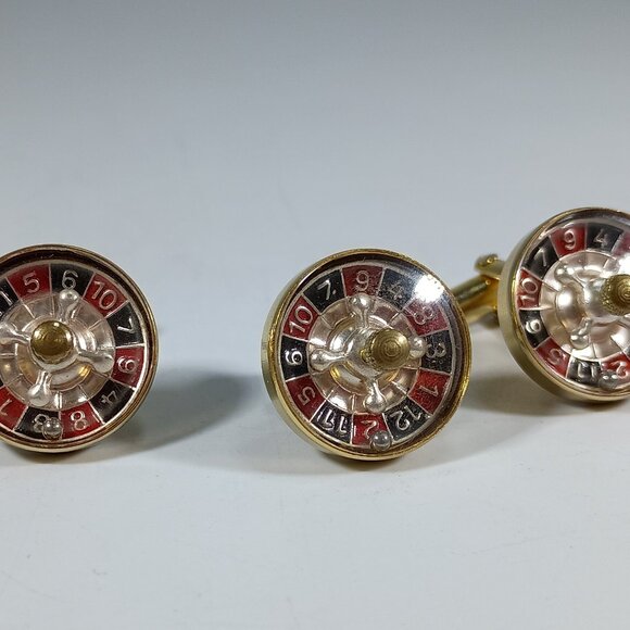 Vintage 50's Gambling Roulette Wheel Cufflinks Lapel Pin Good Luck Charm Austria - Picture 2 of 6